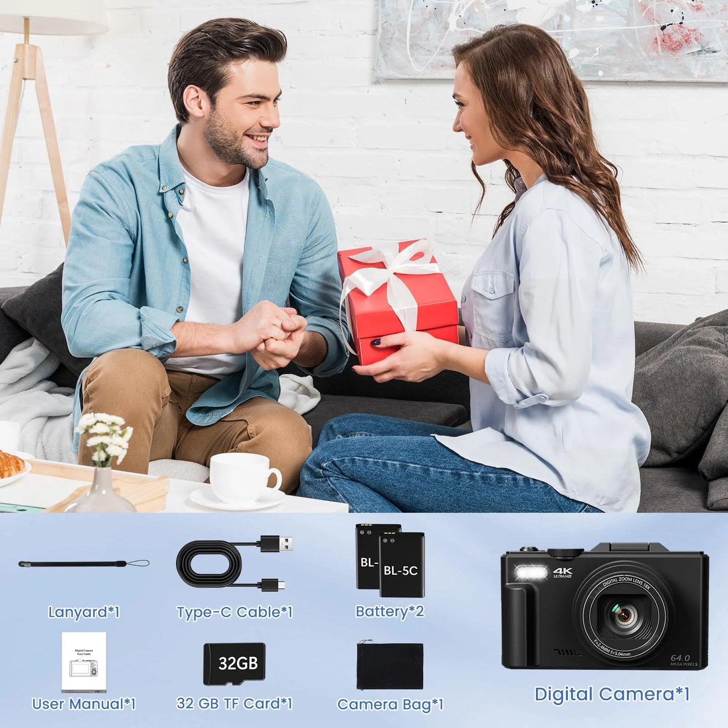 Digital Camera 4K 64MP Vlogging Camera for Youtube 3''180°Flip Screen 18X Zoom Autofocus 32GB SD Card Video Cameras for Beginners