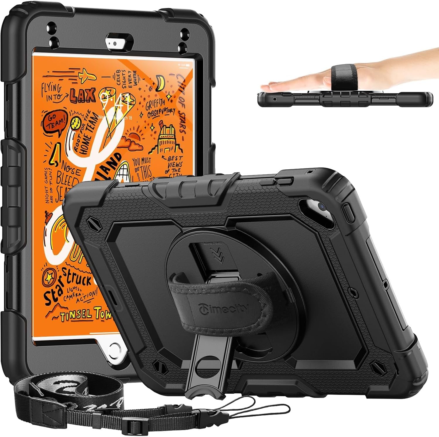 Timecity for Ipad Mini 5Th/4Th Generation Case 7.9'', for Ipad Mini 5/ Mini 4, Heavy Duty with Screen Protector, Kickstand Hand/Shoulder Strap Pencil Holder- Orange
