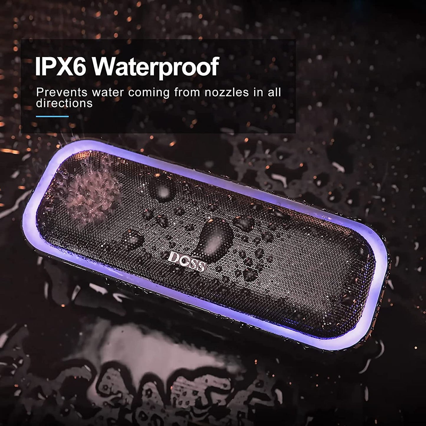 DOSS Soundbox Pro Bluetooth Speaker, 20W Stereo Sound, Active Extra Bass, 20H Playtime, Multi-Colors Lights, Wireless Stereo Pairing, IPX6 Waterproof for Garden, Hiking, Camping, Beach, Party-Blue