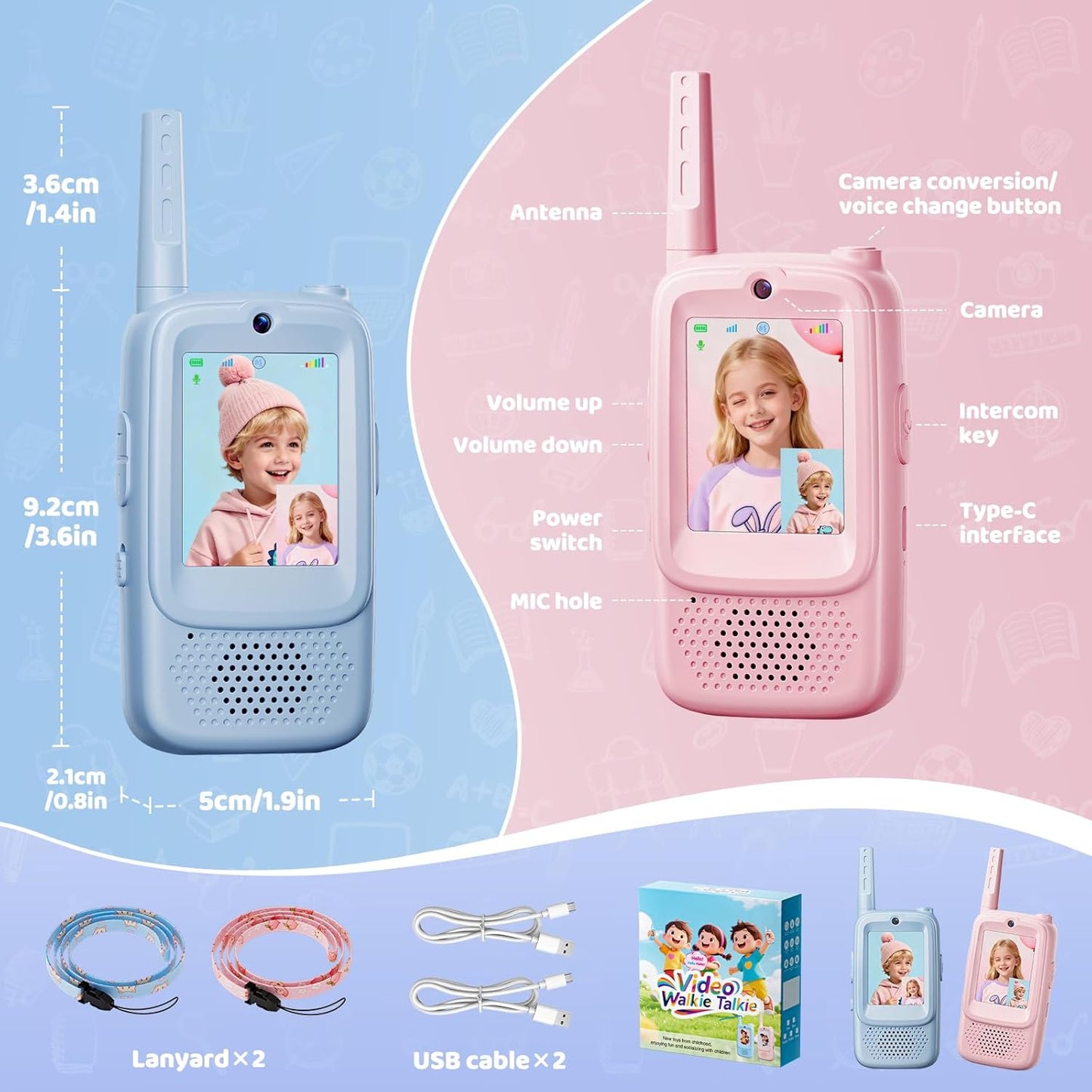 Video Walkie Talkies for Kids, 2 Pack Rechargeable Kids Walkies Talkies with Video Call & Voice Changer, Boys Girls Toys Ages for 3-12, Family Games, Indoor Outdoor Play and Camping(Blue & Pink)