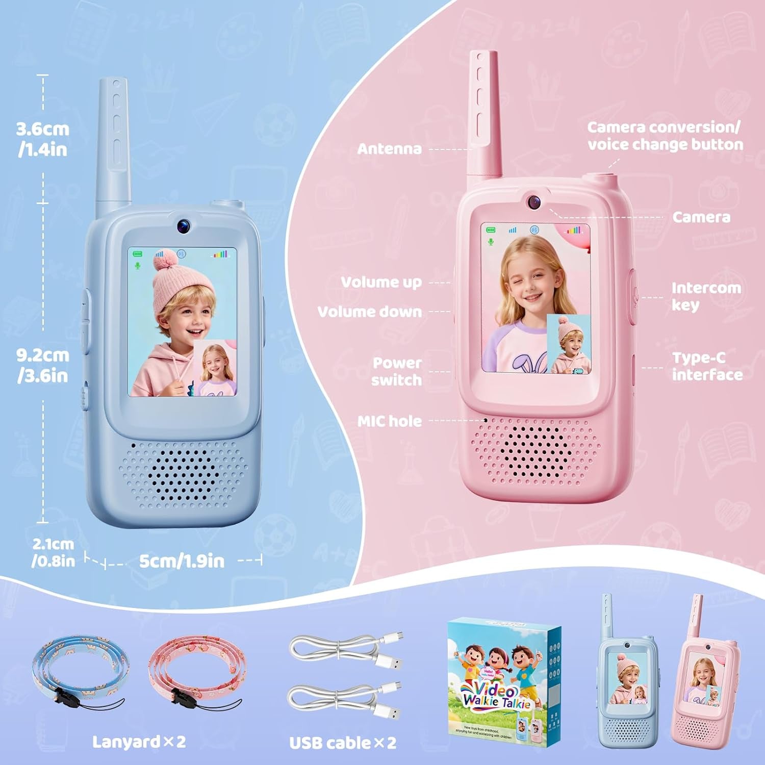Video Walkie Talkies for Kids, 2 Pack Rechargeable Kids Walkies Talkies with Video Call & Voice Changer, Boys Girls Toys Ages for 3-12, Family Games, Indoor Outdoor Play and Camping(Blue & Pink)