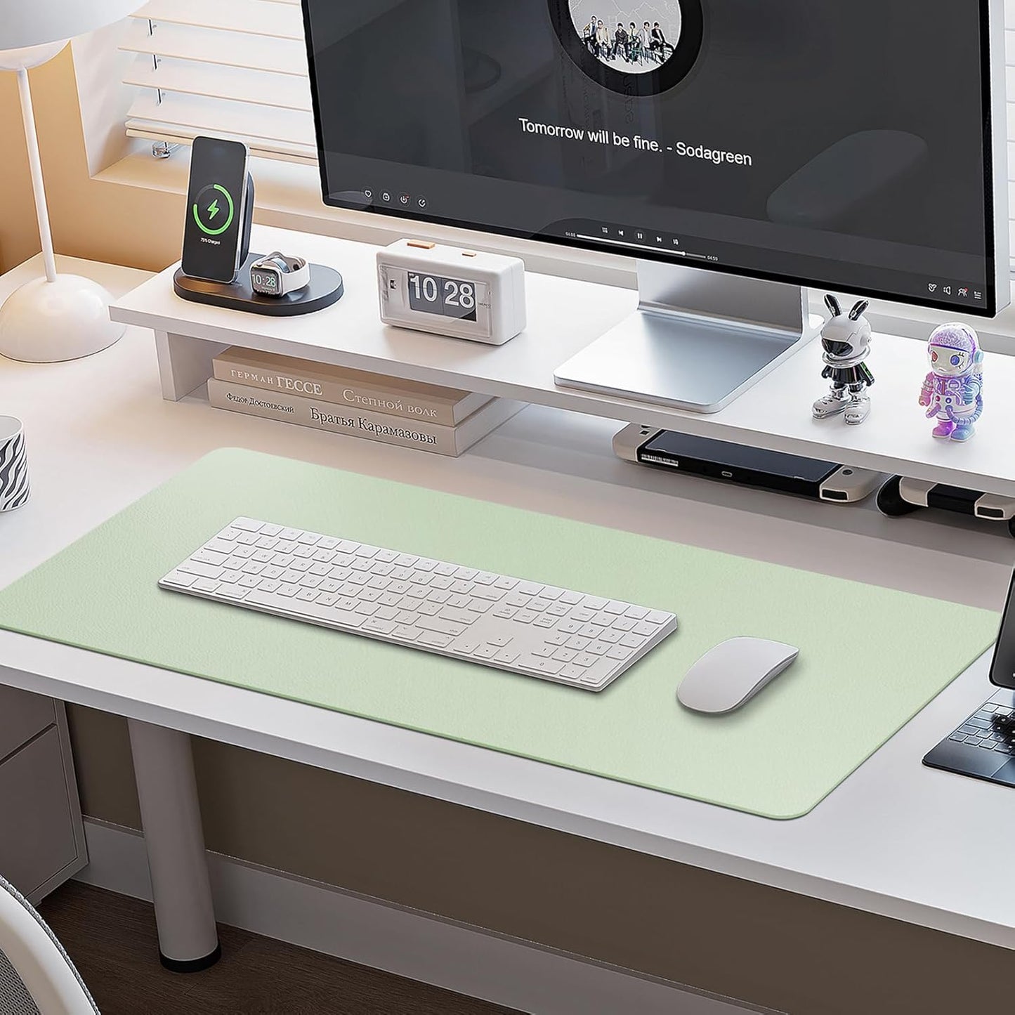 Boutilon Leather Desk Pad Protector,Non-Slip Mouse Pad,Laptop Desk Pad,Office Mouse Mat,Waterproof Leather Desk Blotter,Desk Writing Pad for Office and Home (M-Green,30"X14")