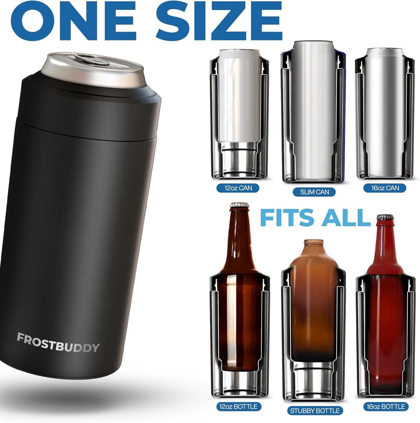 Universal Buddy Can Cooler - Fits All - for Regular 12 & 16 Oz or Slim-Size Bottles - Insulated Double -Walled Stainless Steel (All White)
