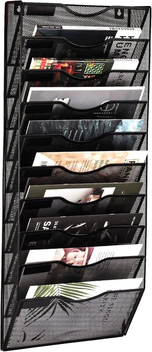10 Pocket Mesh Hanging Wall File Organizer, Wall Mounted Mail Paper Document Folder Holder, Clipboard Storage Organization Magazine Rack with Nametag Label for Office Home School, Black