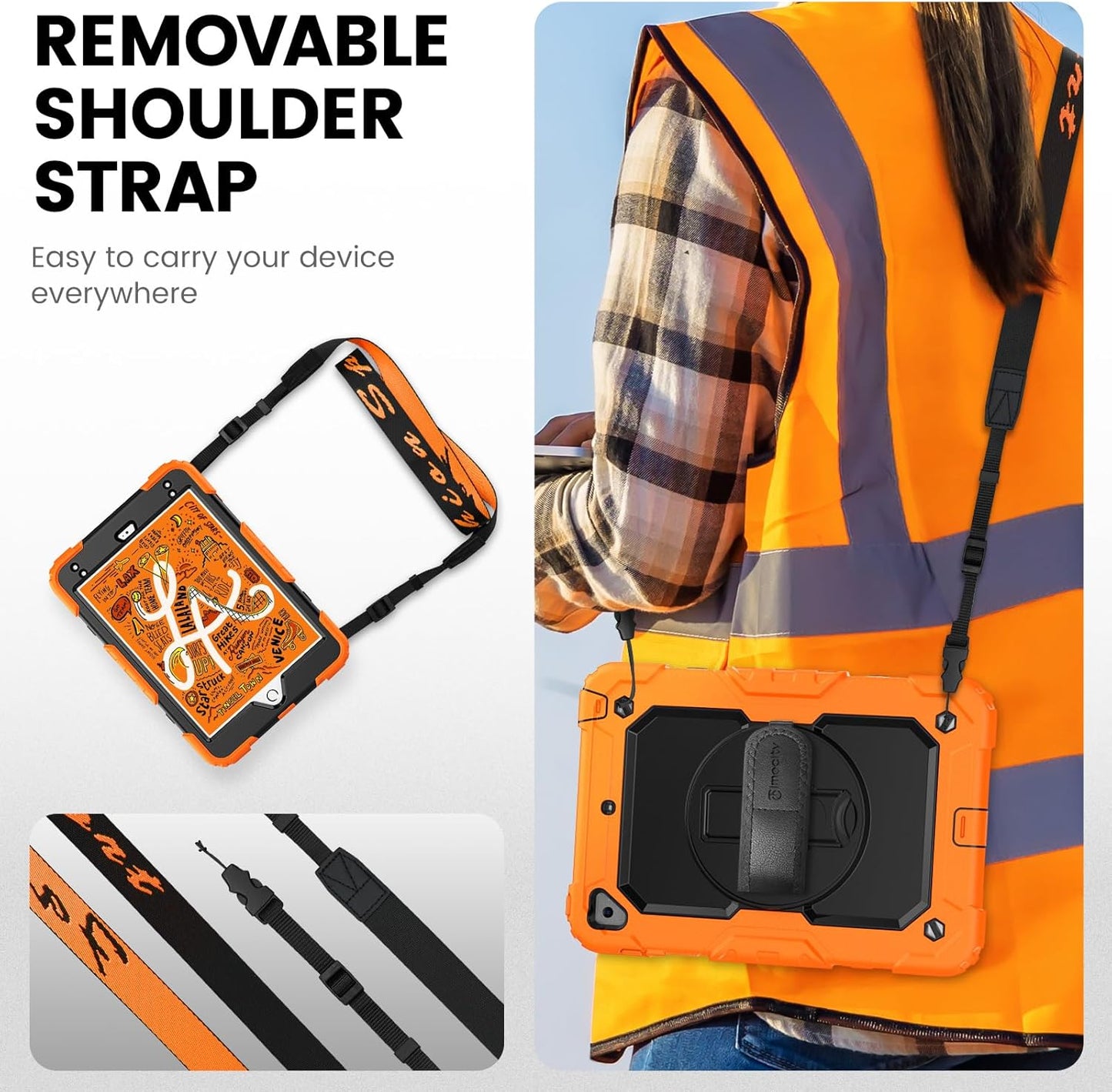 Timecity for Ipad Mini 5Th/4Th Generation Case 7.9'', for Ipad Mini 5/ Mini 4, Heavy Duty with Screen Protector, Kickstand Hand/Shoulder Strap Pencil Holder- Orange