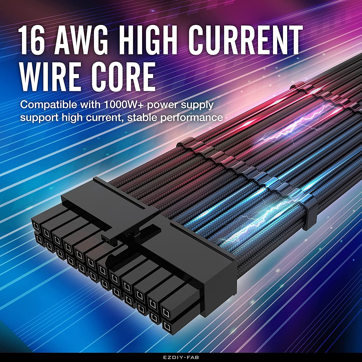 PSU Cable Extension Kit Sleeved Cable Custom Power Supply Sleeved Extension 16 AWG 24-PIN 8-PIN 6-PIN 4+4-PIN with Combs- Black