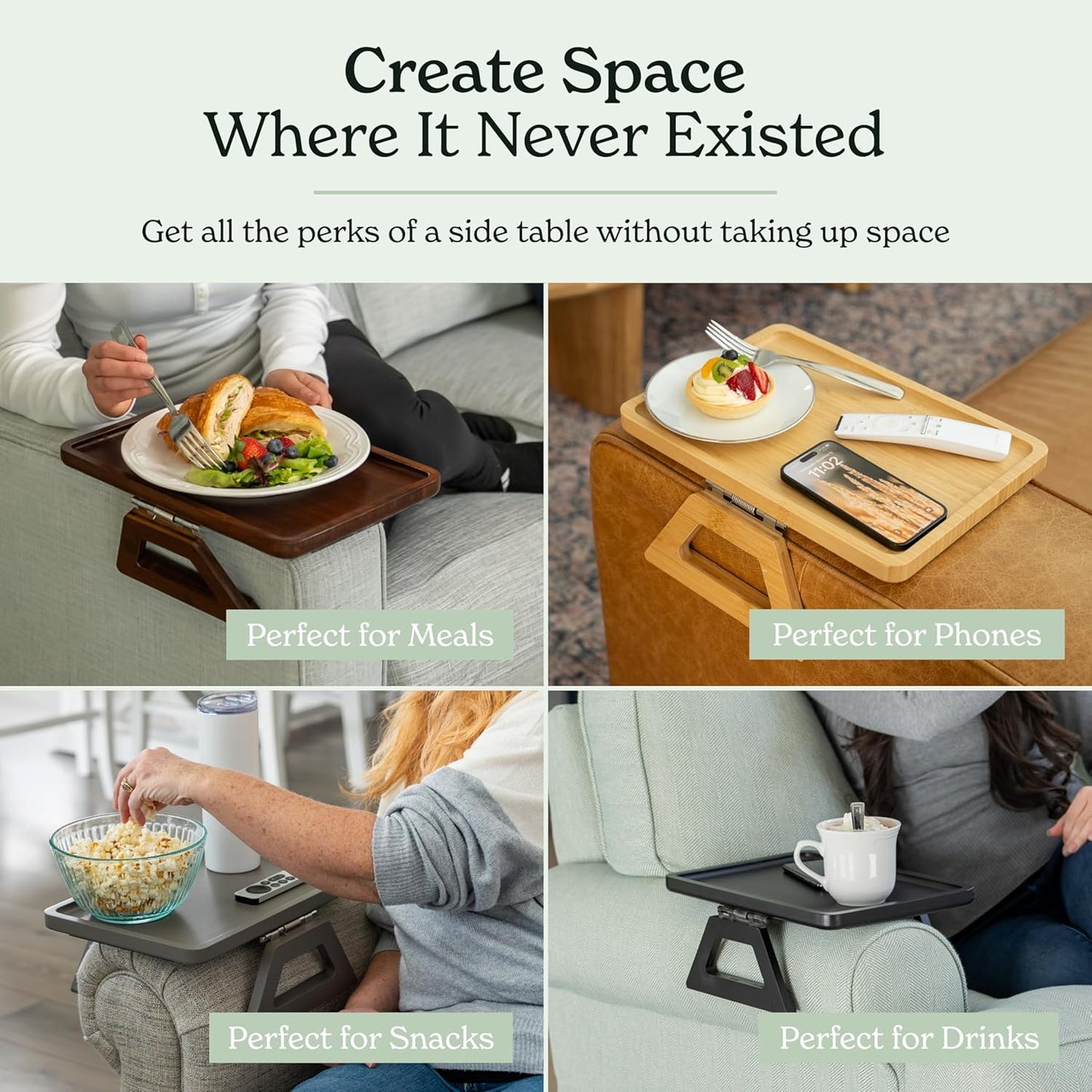 Acacia Wood Trayble Couch Arm Table, Clip on Tray Sofa Table for Couches. Sofa Arm Tray, Armchair Table for TV Dinners, Remotes, Drinks and Snacks - 13.75 X 9.5Inch, Light