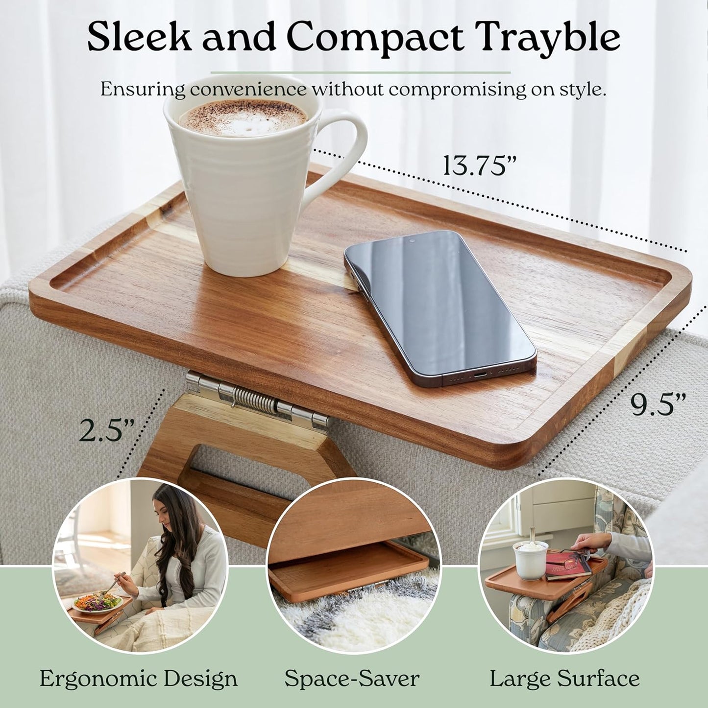 Acacia Wood Trayble Couch Arm Table, Clip on Tray Sofa Table for Couches. Sofa Arm Tray, Armchair Table for TV Dinners, Remotes, Drinks and Snacks - 13.75 X 9.5Inch, Light