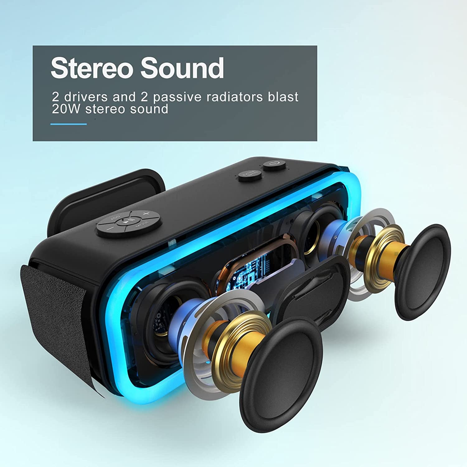 DOSS Soundbox Pro Bluetooth Speaker, 20W Stereo Sound, Active Extra Bass, 20H Playtime, Multi-Colors Lights, Wireless Stereo Pairing, IPX6 Waterproof for Garden, Hiking, Camping, Beach, Party-Blue