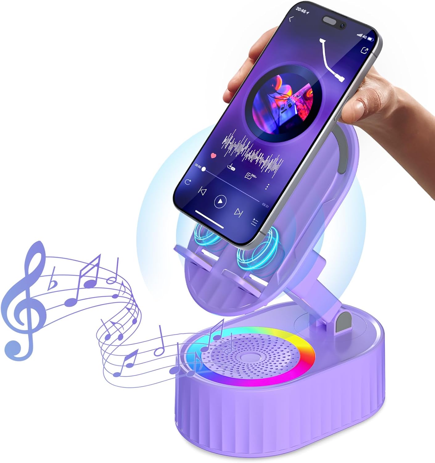 Wireless Induction Audio Bluetooth Speaker 5In1 Phone Holder Emergency Rechargeable (3000Mah) with Colorful Ambient Light 300° Foldable for Tablet Iphone Android, Gifts for Men Women