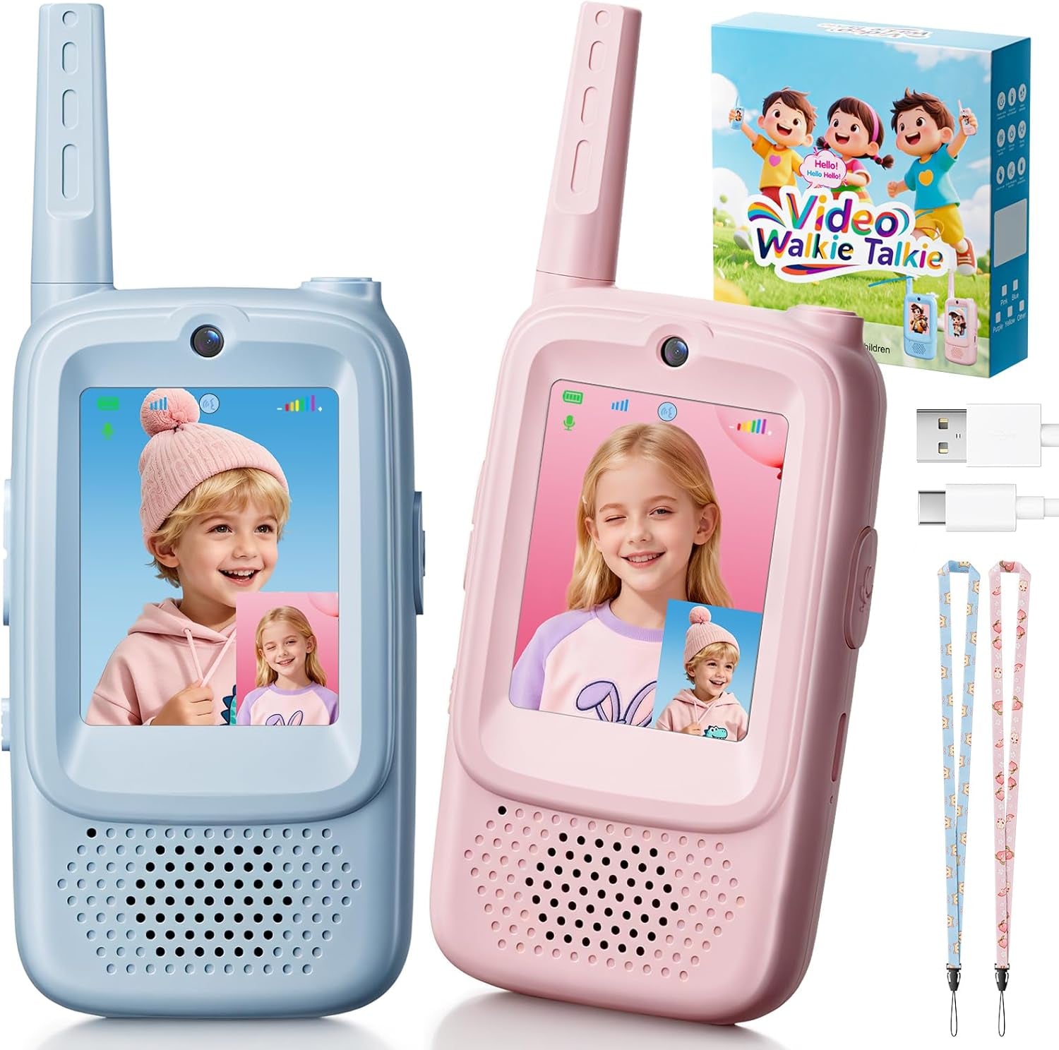 Video Walkie Talkies for Kids, 2 Pack Rechargeable Kids Walkies Talkies with Video Call & Voice Changer, Boys Girls Toys Ages for 3-12, Family Games, Indoor Outdoor Play and Camping(Blue & Pink)