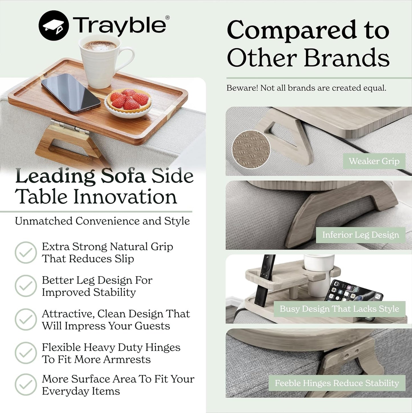 Acacia Wood Trayble Couch Arm Table, Clip on Tray Sofa Table for Couches. Sofa Arm Tray, Armchair Table for TV Dinners, Remotes, Drinks and Snacks - 13.75 X 9.5Inch, Light