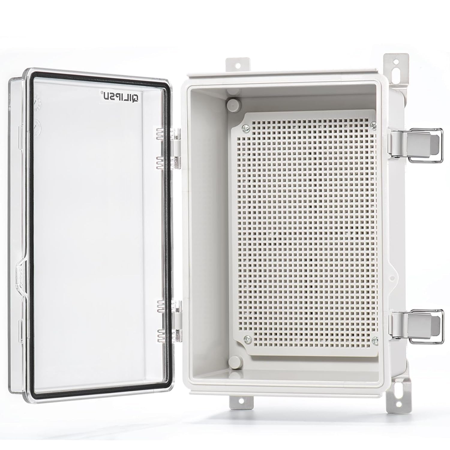 QILIPSU Waterproof Junction Box IP67 Outdoor Plastic Electrical Project Enclosure Weatherproof with Mounting Plate, Wall Brackets, Hinged Grey Cover 16.1"X12.2"X7.1"
