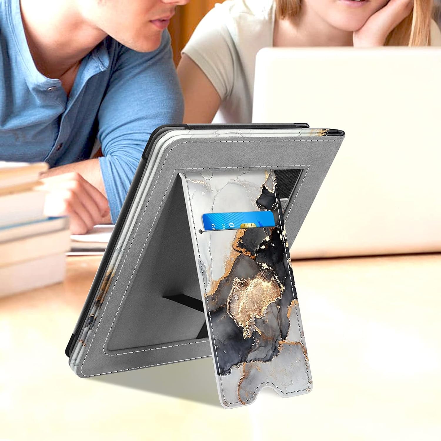 Fintie Stand Case for 6" Kindle Paperwhite (Fits 10Th Generation 2018 and All Paperwhite Generations Prior to 2018) - Premium PU Leather Sleeve Cover with Card Slot and Hand Strap, Cloudy Marble