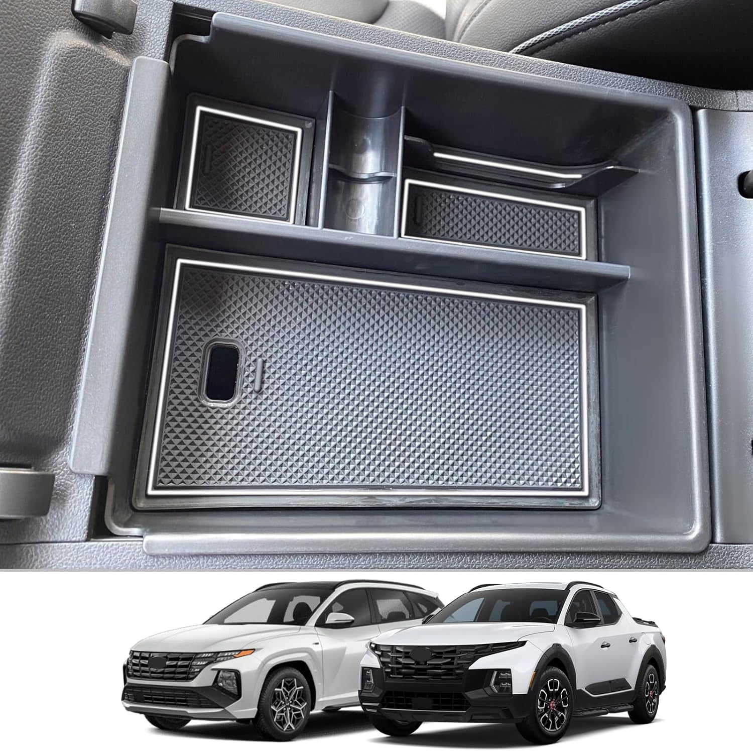 CDEFG Center Console Organizer Tray for 2022 2023 2024 Santa Cruz/ 2022 2023 2024 Tucson Limited Tucson Hybrid Armrest Storage Box Tray 2022-2024 Santa Cruz Tucson Accessories (White Mat)