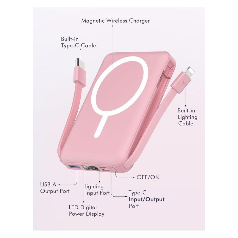 Magnetic Wireless Power Bank 10,000mAh with Built-In Cables