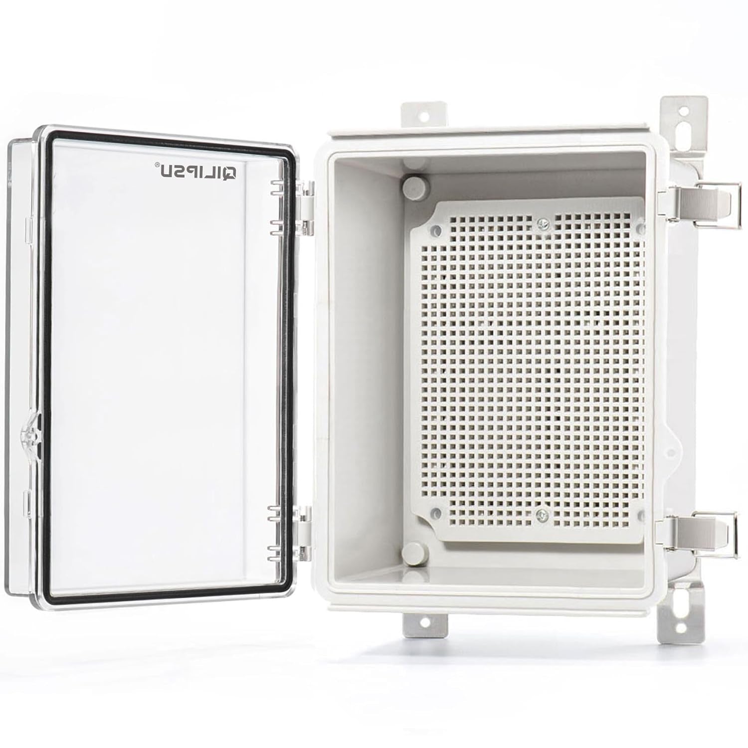 QILIPSU Waterproof Junction Box IP67 Outdoor Plastic Electrical Project Enclosure Weatherproof with Mounting Plate, Wall Brackets, Hinged Grey Cover 16.1"X12.2"X7.1"