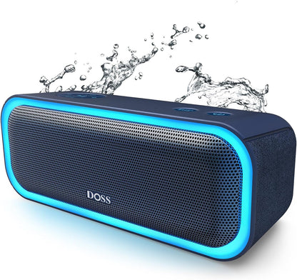 DOSS Soundbox Pro Bluetooth Speaker, 20W Stereo Sound, Active Extra Bass, 20H Playtime, Multi-Colors Lights, Wireless Stereo Pairing, IPX6 Waterproof for Garden, Hiking, Camping, Beach, Party-Blue