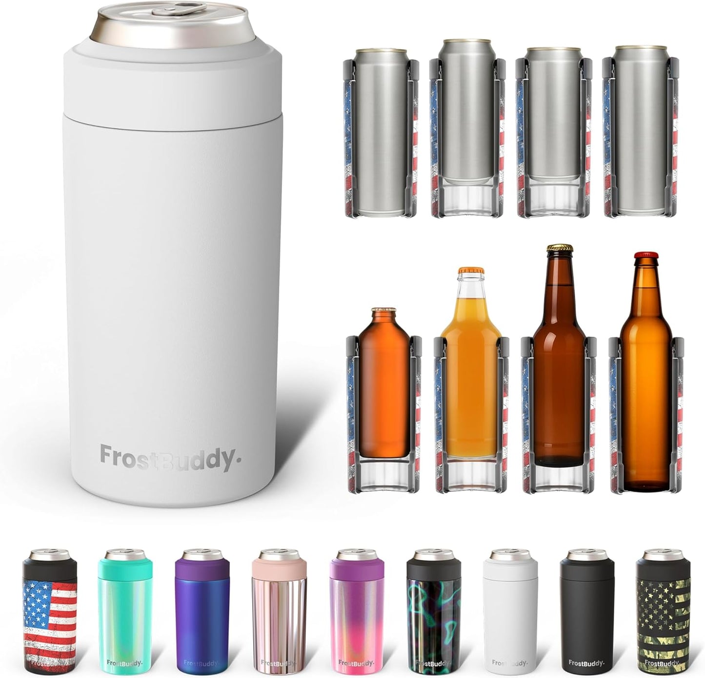 Universal Buddy Can Cooler - Fits All - for Regular 12 & 16 Oz or Slim-Size Bottles - Insulated Double -Walled Stainless Steel (All White)