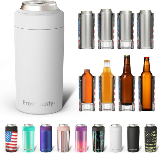 Universal Buddy Can Cooler - Fits All - for Regular 12 & 16 Oz or Slim-Size Bottles - Insulated Double -Walled Stainless Steel (All White)