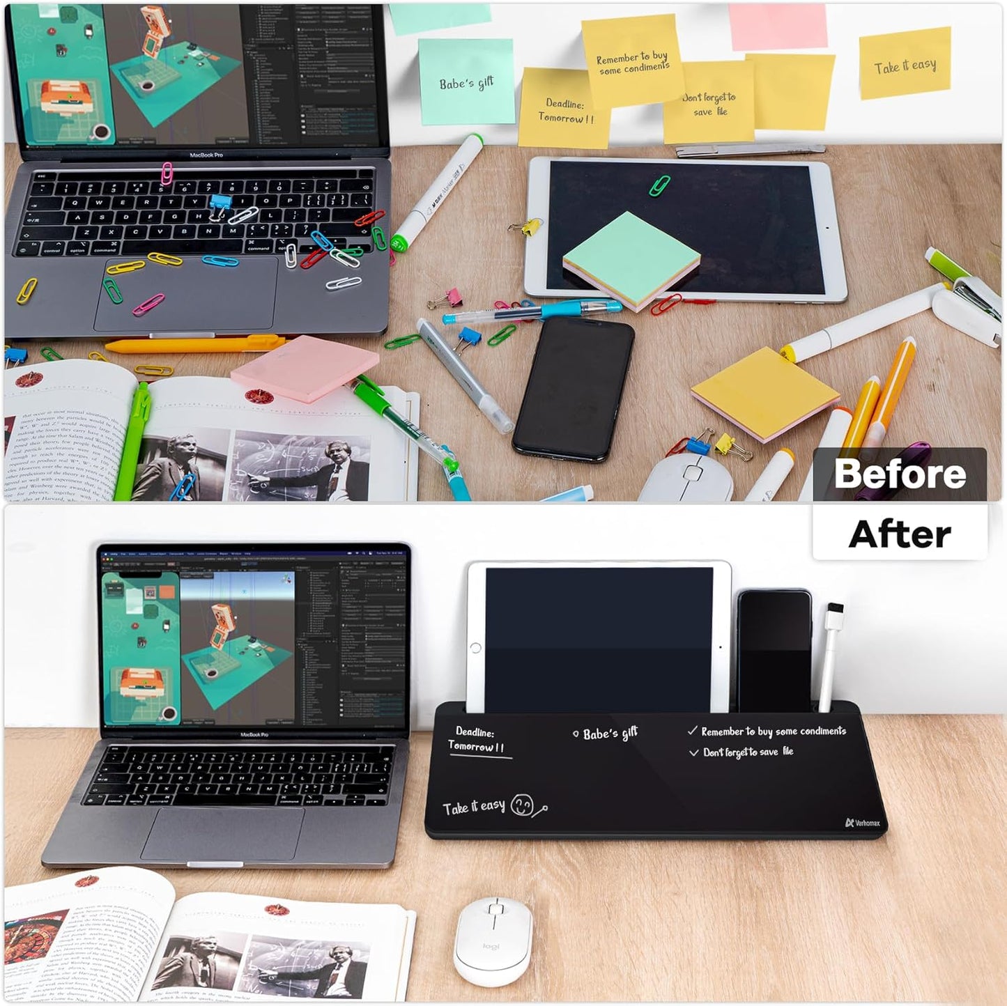 Desktop Whiteboard with Storage, Desk Organizer Dry Erase Glass White Board To-Do List Memo Notepad for Home Office and School Supplies (Black)