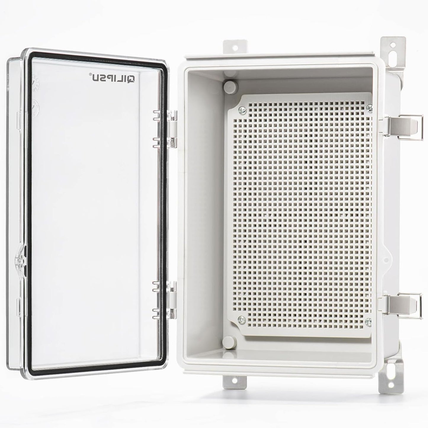 QILIPSU Waterproof Junction Box IP67 Outdoor Plastic Electrical Project Enclosure Weatherproof with Mounting Plate, Wall Brackets, Hinged Grey Cover 16.1"X12.2"X7.1"