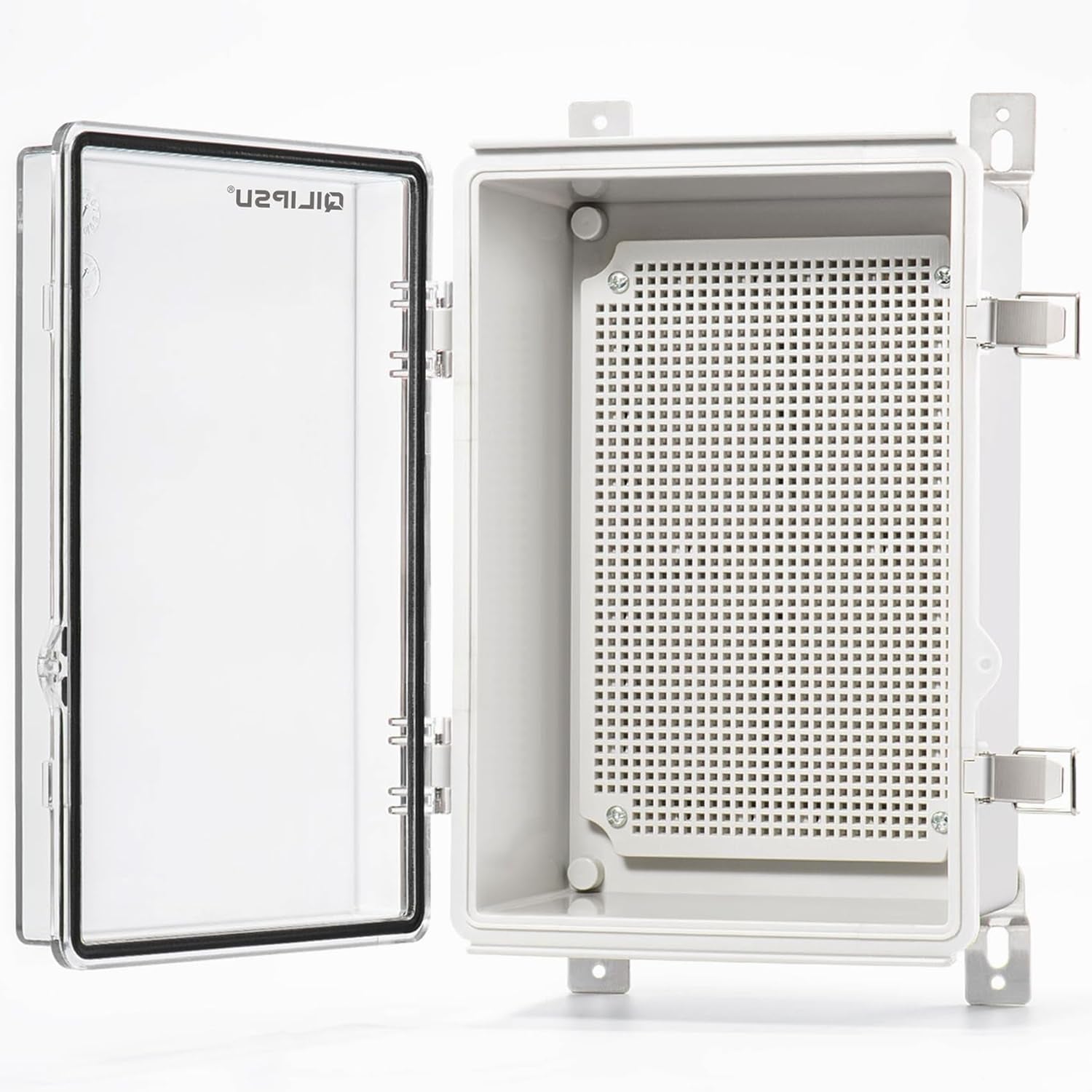 QILIPSU Waterproof Junction Box IP67 Outdoor Plastic Electrical Project Enclosure Weatherproof with Mounting Plate, Wall Brackets, Hinged Grey Cover 16.1"X12.2"X7.1"