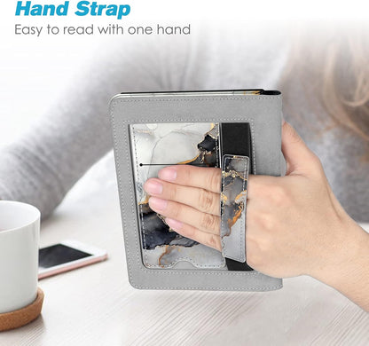 Fintie Stand Case for 6" Kindle Paperwhite (Fits 10Th Generation 2018 and All Paperwhite Generations Prior to 2018) - Premium PU Leather Sleeve Cover with Card Slot and Hand Strap, Cloudy Marble
