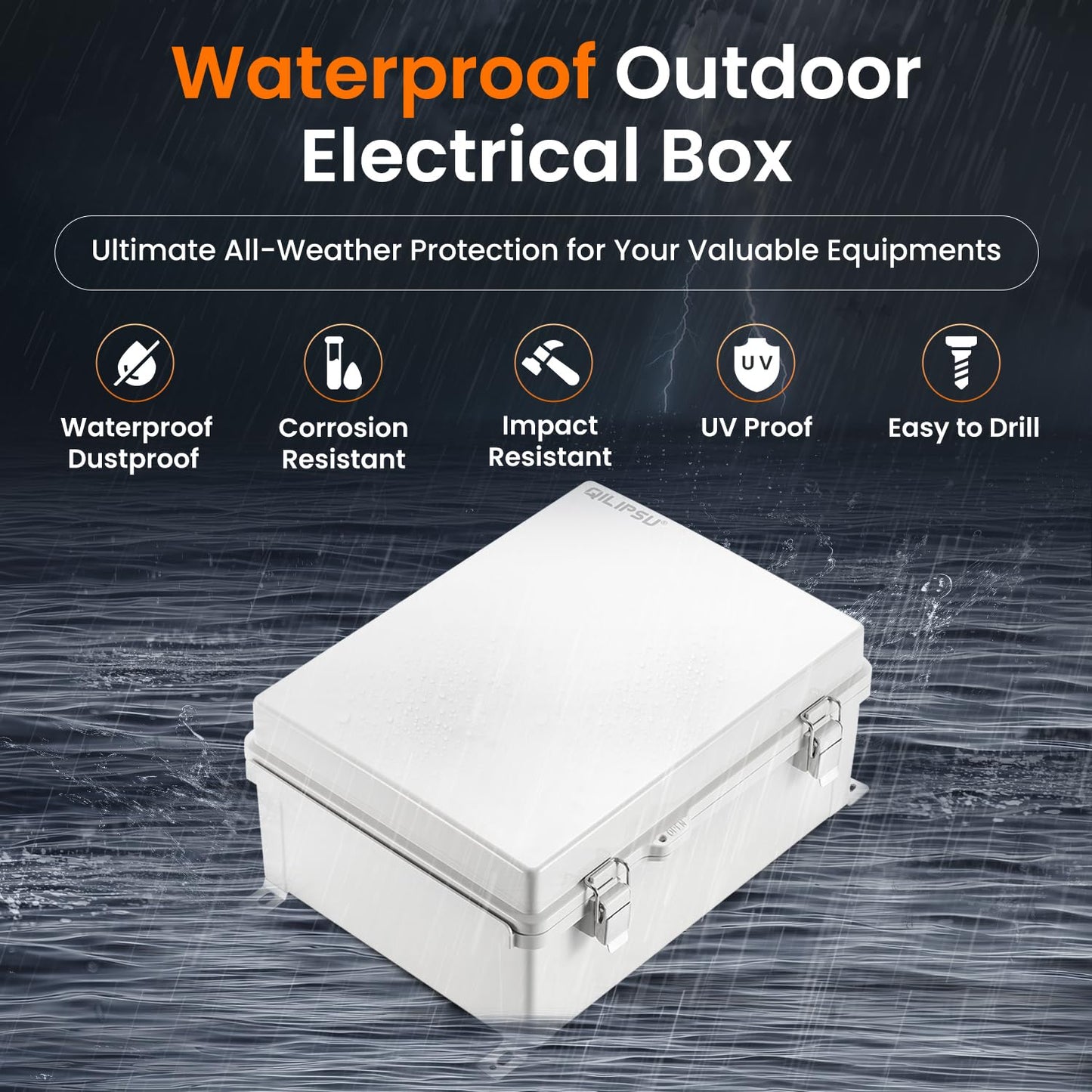QILIPSU Waterproof Junction Box IP67 Outdoor Plastic Electrical Project Enclosure Weatherproof with Mounting Plate, Wall Brackets, Hinged Grey Cover 16.1"X12.2"X7.1"