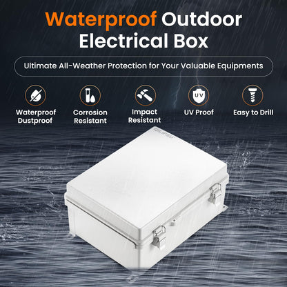 QILIPSU Waterproof Junction Box IP67 Outdoor Plastic Electrical Project Enclosure Weatherproof with Mounting Plate, Wall Brackets, Hinged Grey Cover 16.1"X12.2"X7.1"