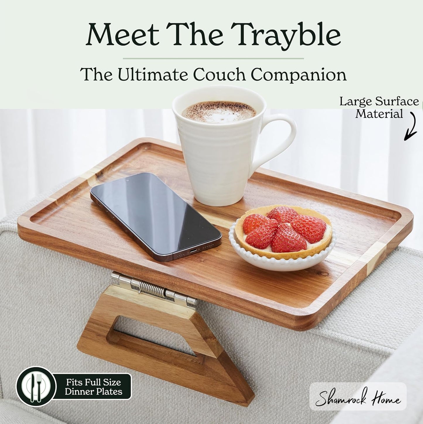 Acacia Wood Trayble Couch Arm Table, Clip on Tray Sofa Table for Couches. Sofa Arm Tray, Armchair Table for TV Dinners, Remotes, Drinks and Snacks - 13.75 X 9.5Inch, Light