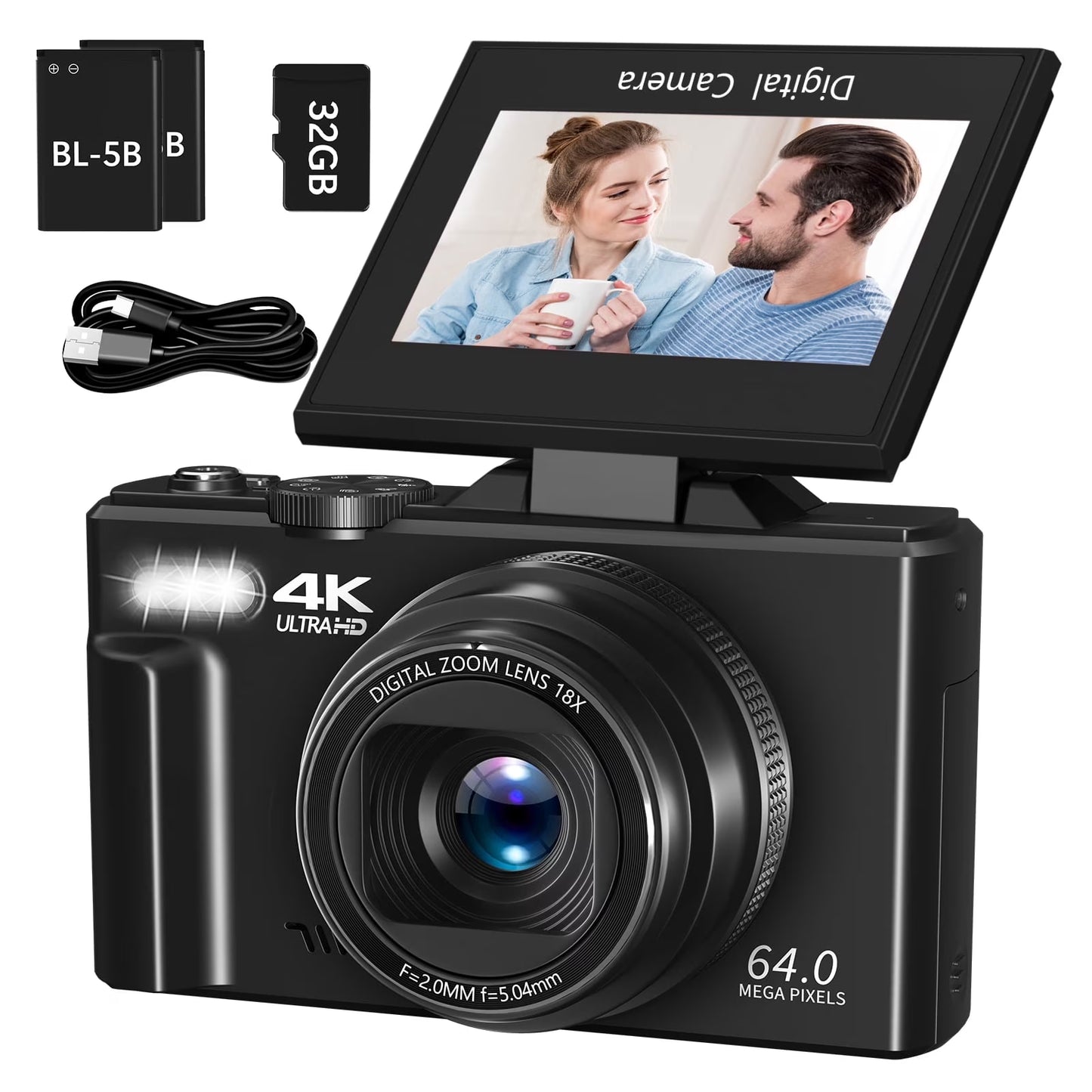 Digital Camera 4K 64MP Vlogging Camera for Youtube 3''180°Flip Screen 18X Zoom Autofocus 32GB SD Card Video Cameras for Beginners