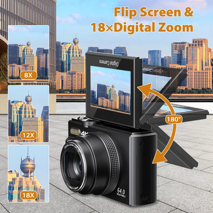 Digital Camera 4K 64MP Vlogging Camera for Youtube 3''180°Flip Screen 18X Zoom Autofocus 32GB SD Card Video Cameras for Beginners