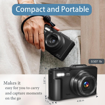 Digital Camera 4K 64MP Vlogging Camera for Youtube 3''180°Flip Screen 18X Zoom Autofocus 32GB SD Card Video Cameras for Beginners