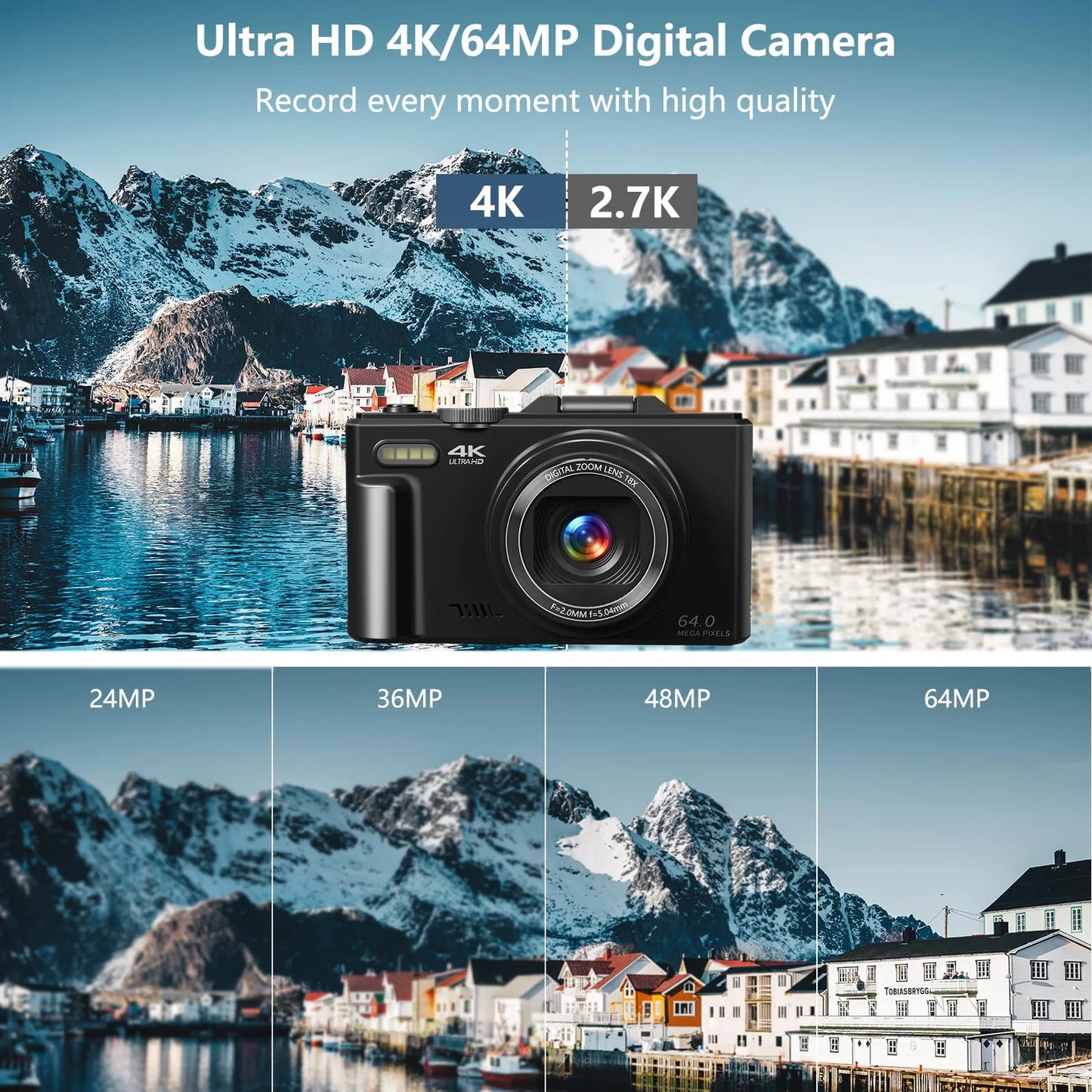 Digital Camera 4K 64MP Vlogging Camera for Youtube 3''180°Flip Screen 18X Zoom Autofocus 32GB SD Card Video Cameras for Beginners
